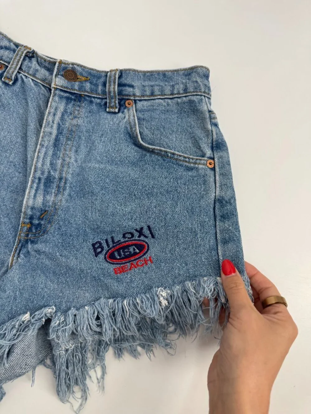 Levi’s 816 Biloxi Beach custom High-Waisted Orange Tab Denim Shorts - Size 10